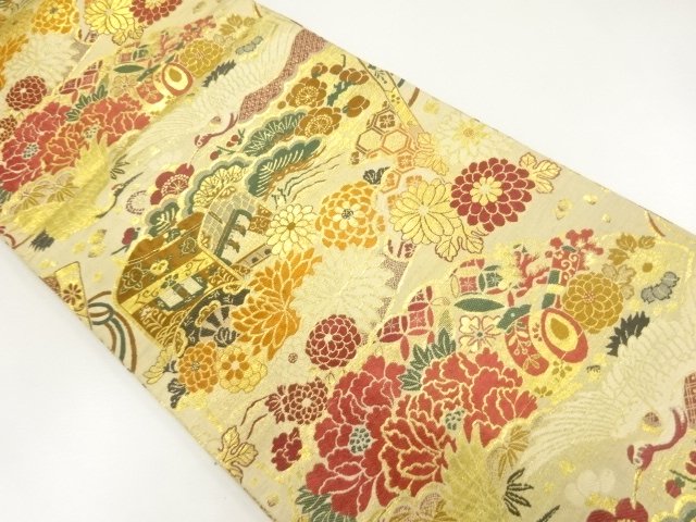 JAPANESE KIMONO / ANTIQUE MARU OBI / WOVEN PINE & UME & CARRIAGE